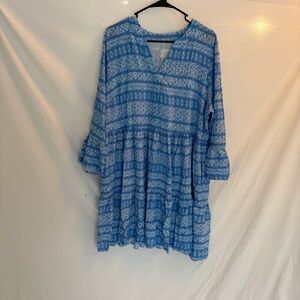 Destination 365 Blue and White Patterned Women's Peasant Tunic Beach Dress Sz XL